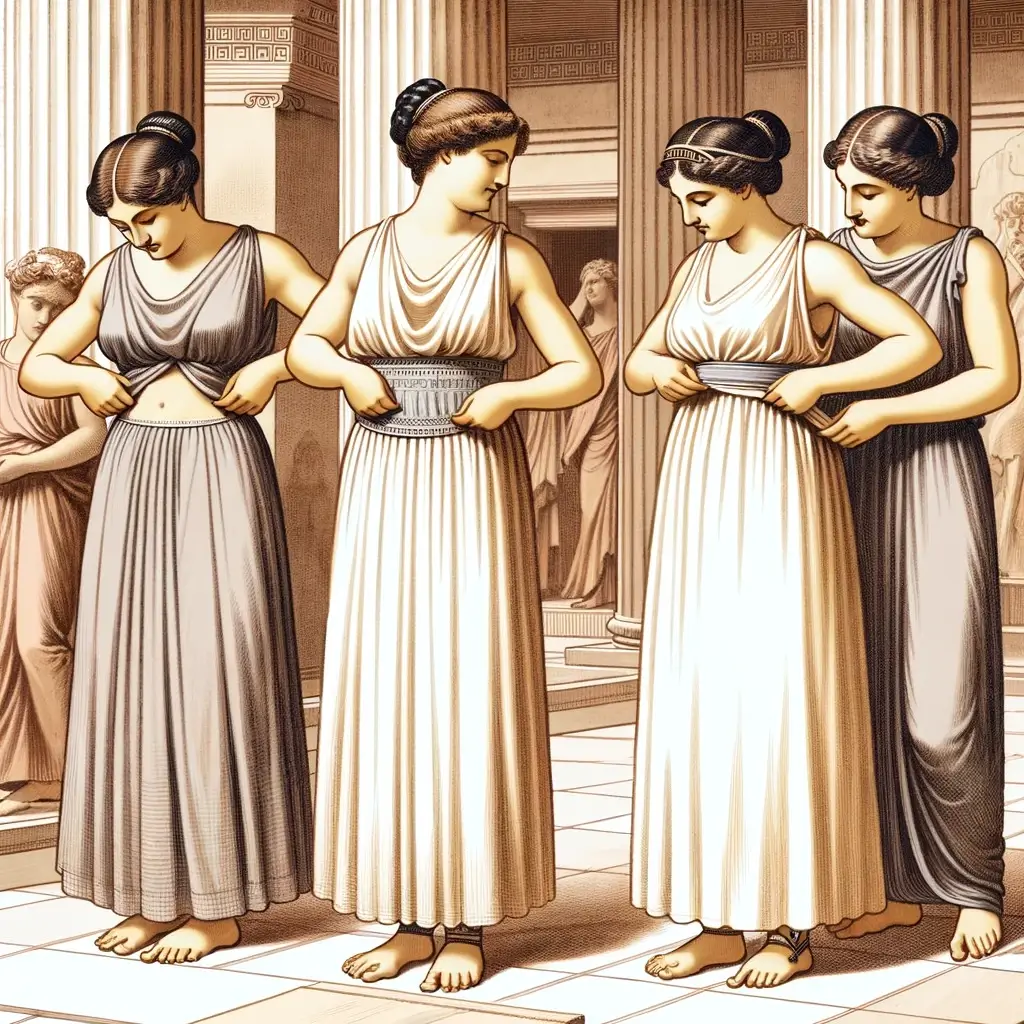 Ancient Greek women wearing simple linen garments under their clothes. One woman is using an apodesme to support her bust, and another is using a zona