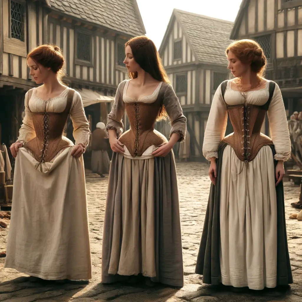 Women in the Middle Ages wearing chemises under their dresses, with stays and bodices designed to flatten the bust and emphasize the waist.