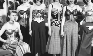 Women in the mid-20th century wearing glamorous and creative lingerie, including bullet bras and girdles.