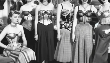 Women in the mid-20th century wearing glamorous and creative lingerie, including bullet bras and girdles.